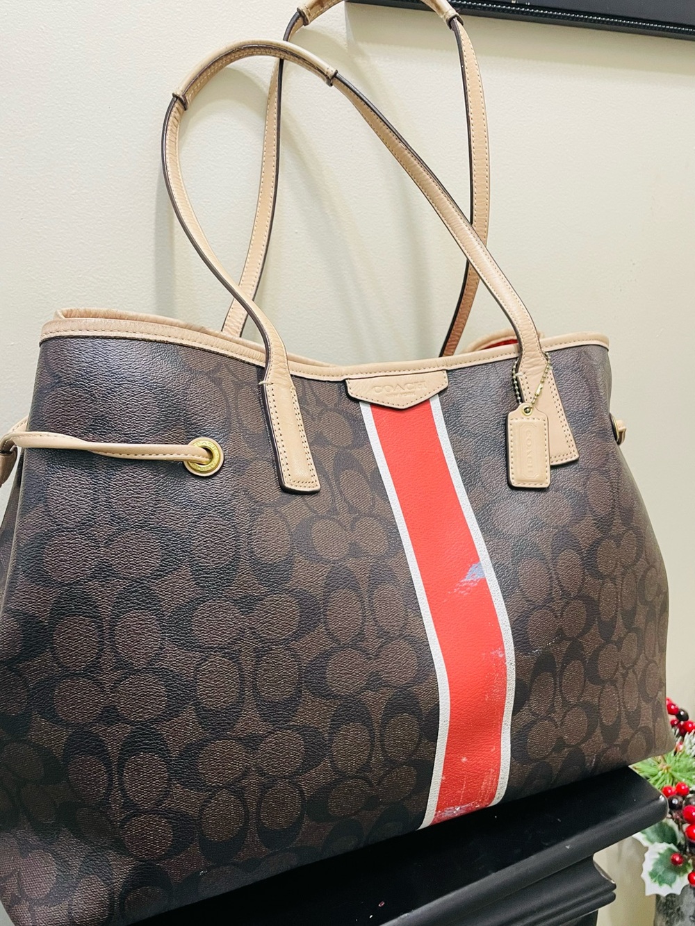 Coach Brown Signature Canvas Tote with Red Center Stripe
